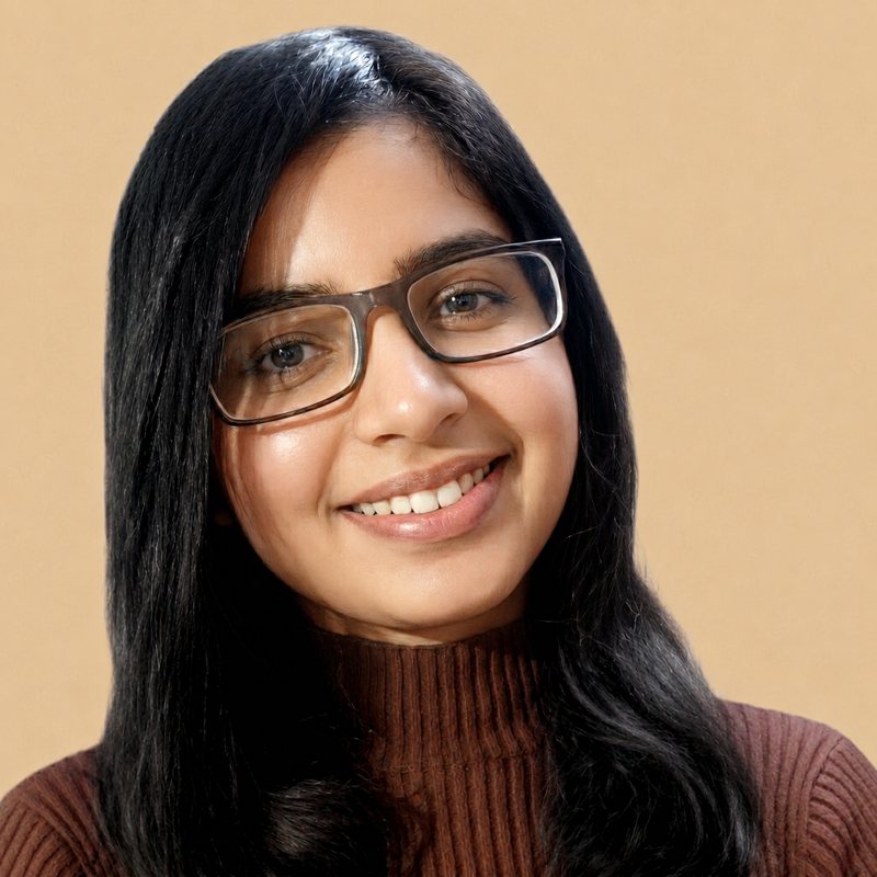 Karishma, smiling, wearing glasses